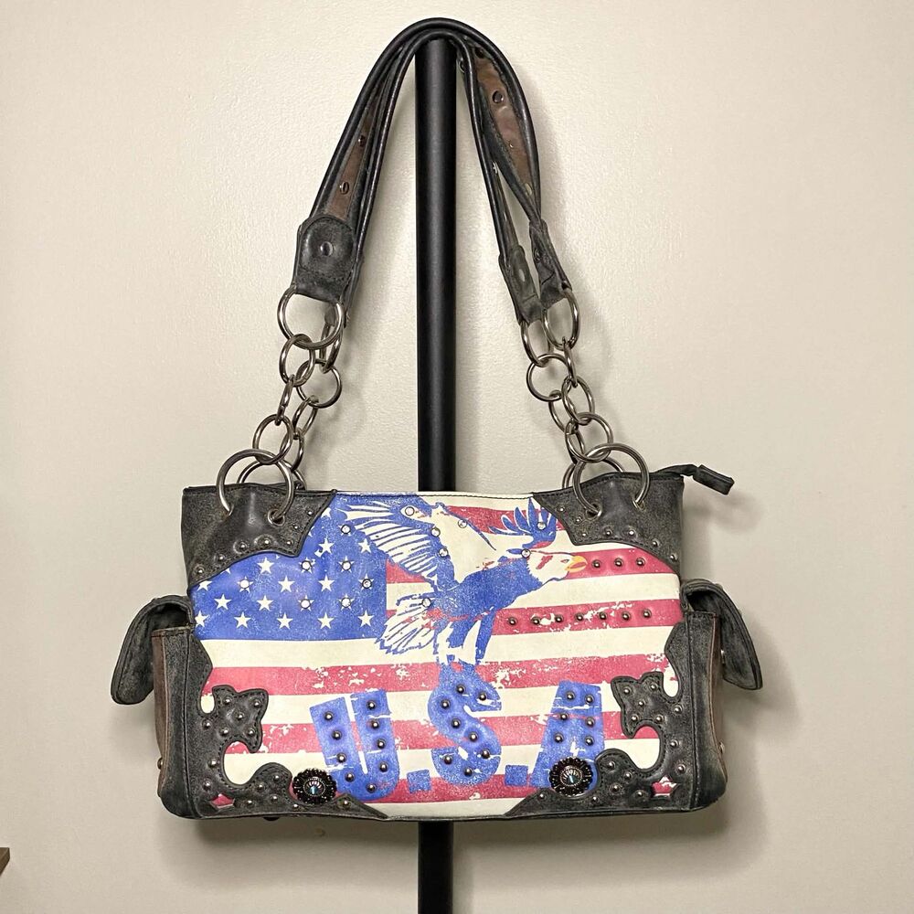 Conceal Carry Western USA Eagle Flag Studded Black & Brown Shoulder Bag
